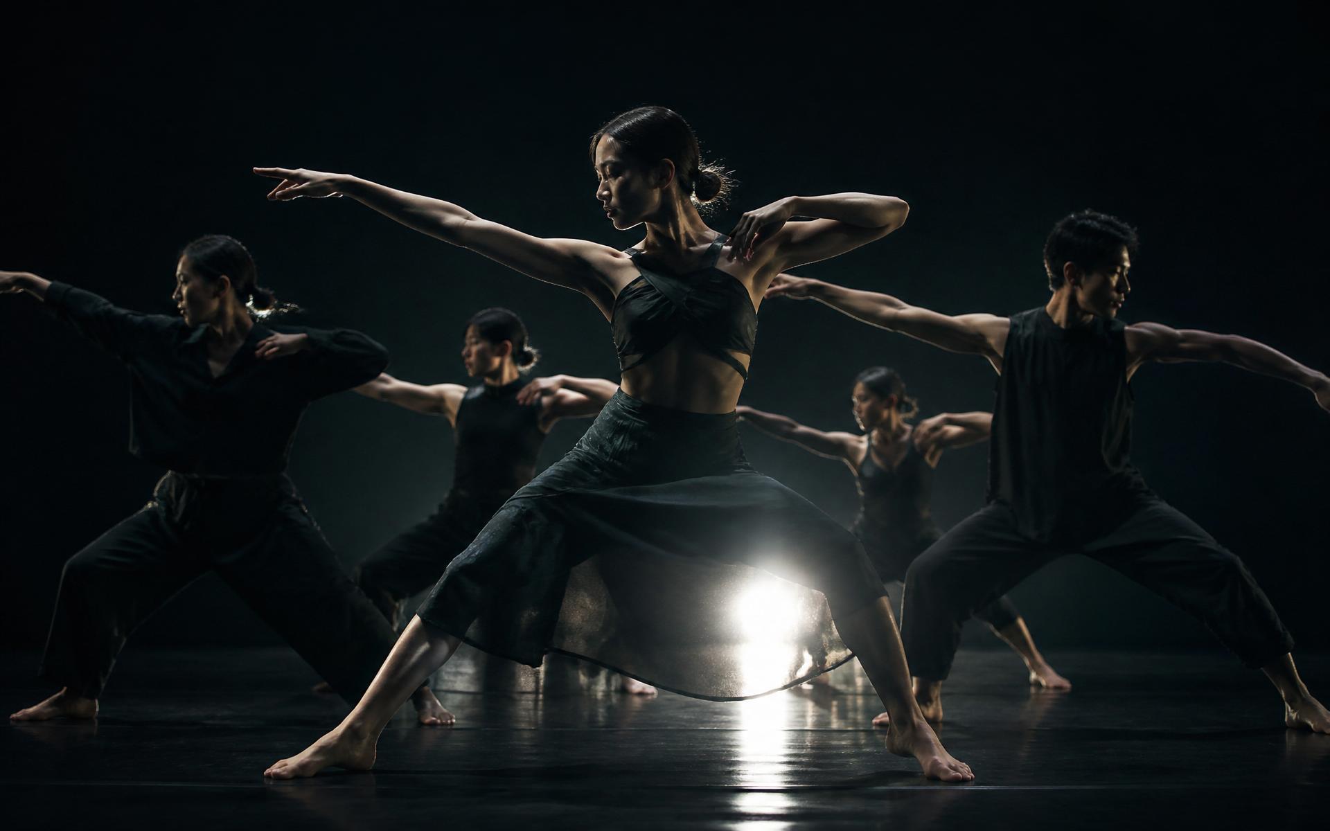 Ensemble of contemporary dancers mid-formation under theatrical light